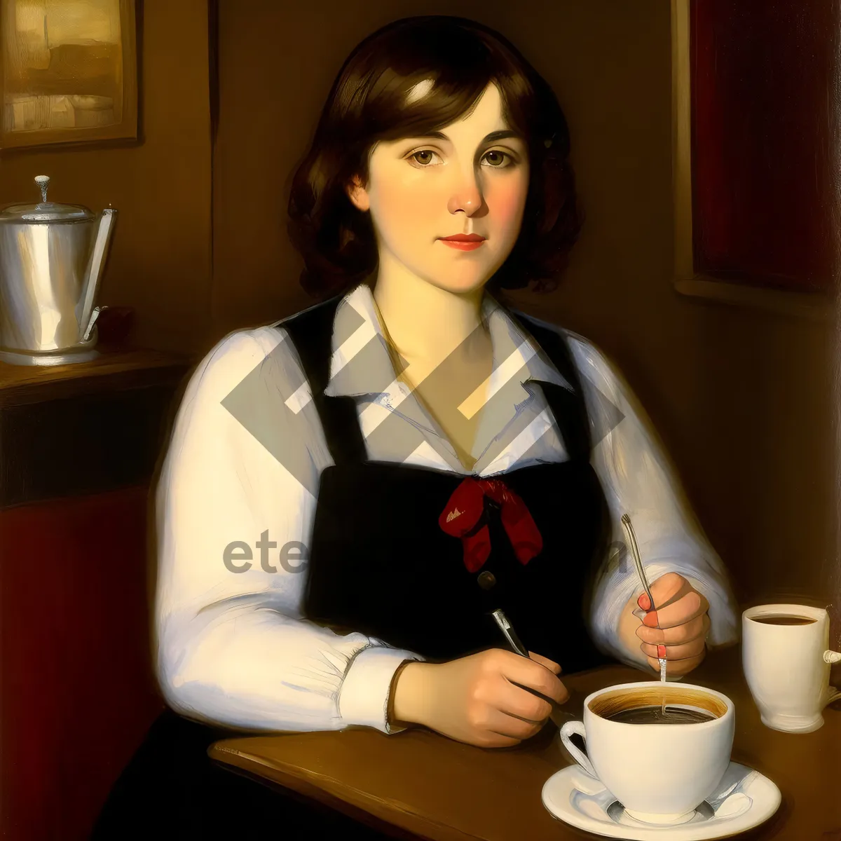 Picture of Happy lady holding a pretty cup of coffee.