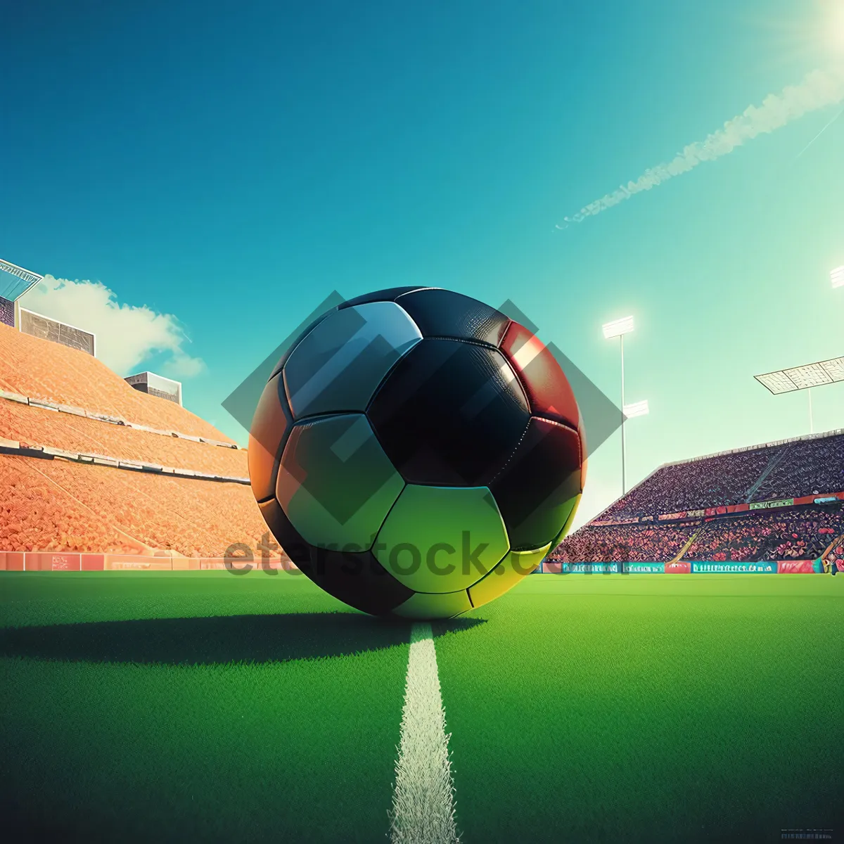 Picture of Round black soccer ball symbol on shiny flag icon.