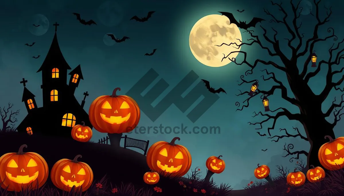 Picture of Dark Pumpkin Cemetery Night Cartoon Illustration