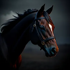 Brown Thoroughbred Stallion with Bridle and Halter