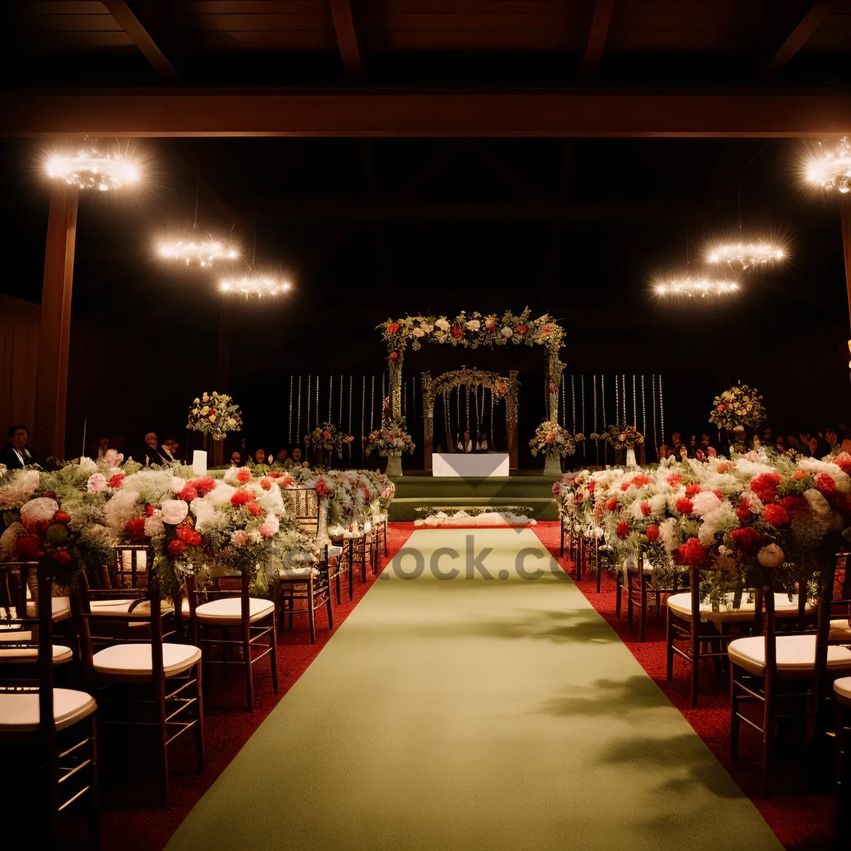 Picture of Night lit hall with folding chairs in restaurant interior.