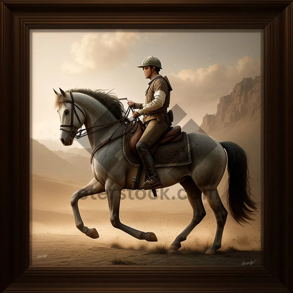 Picture of Bronze Cowboy Riding Stallion on Horseback