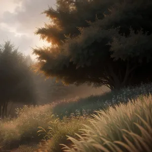 Serenity at Dusk: A Captivating Sunset Over Landscaped Fields
