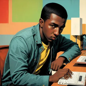 Smiling professional man working on laptop in office.