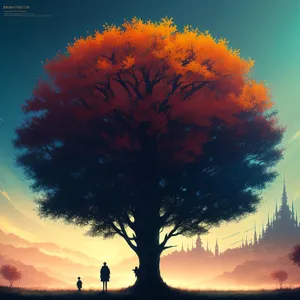 Sunset Silhouette: Majestic Skyline with Tree