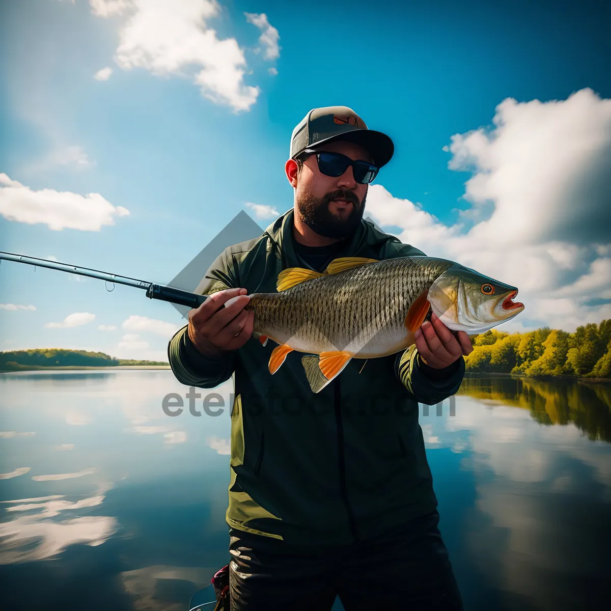 Picture of Happy fisherman with a bass catch outdoors.