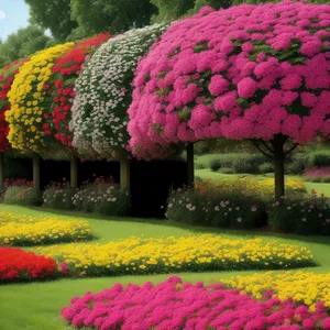 Colorful summer park landscape with blooming flowers and trees.