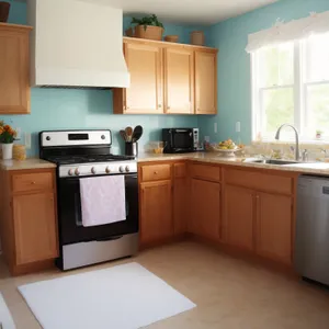 Modern Kitchen Interior with Stainless Steel Appliances and Wood accents.