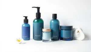 Spa hygiene essentials in glass and plastic containers