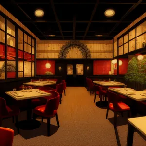 Modern cafeteria interior with wooden furniture and stylish lighting.