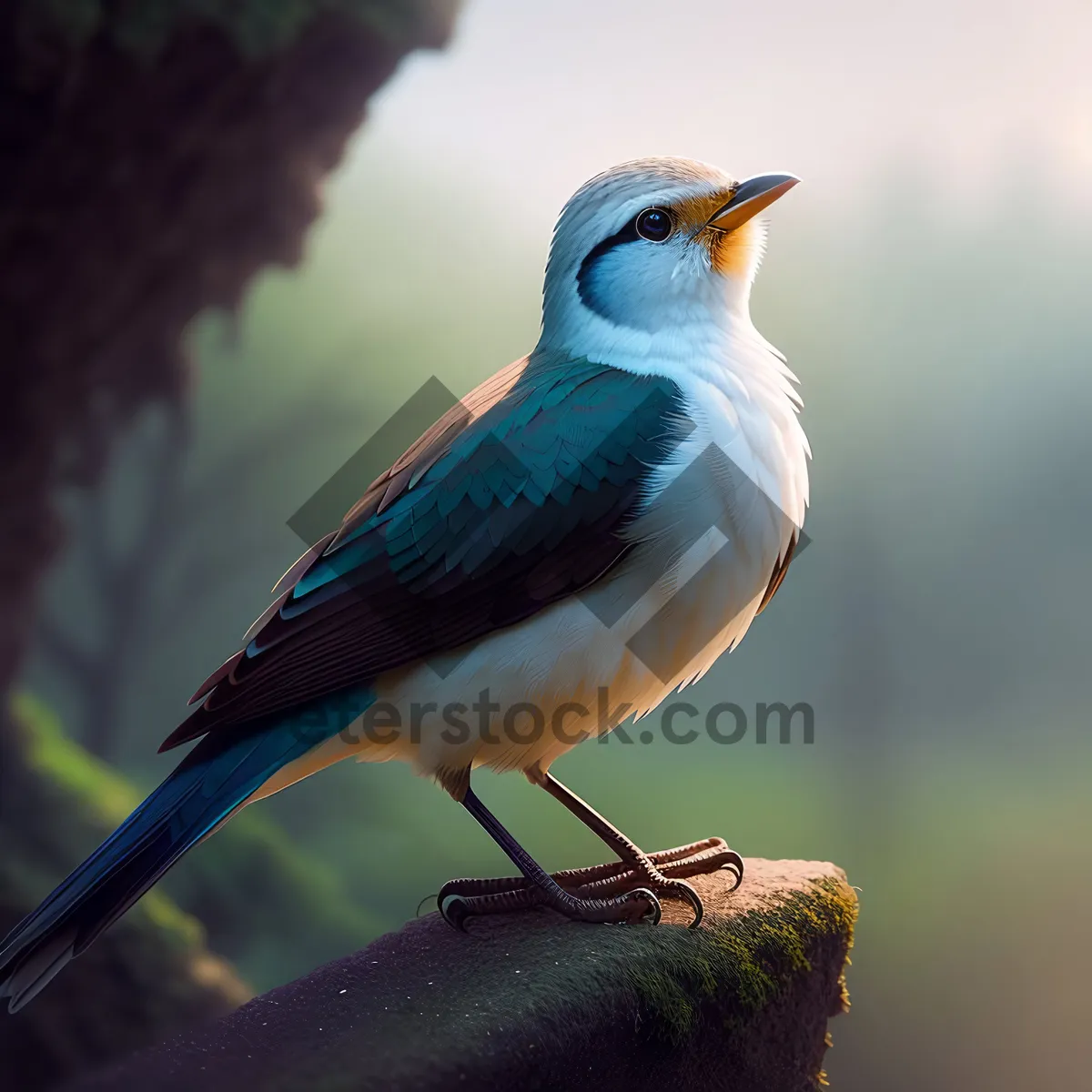 Picture of Starling perched on tree branch with black wings