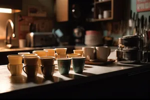 Restaurant interior with coffee cup on table counter