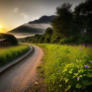 Sunset Over Rural Rapeseed Field: A Colorful Horizon Landscape