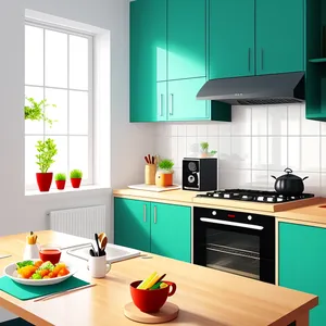 The Interior of a Modern Kitchen is Enhanced by Trendy Green Furniture and Appliances