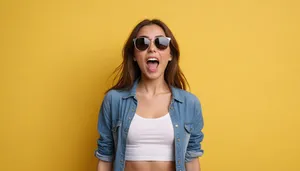 Attractive brunette woman in sunglasses smiling for portrait.