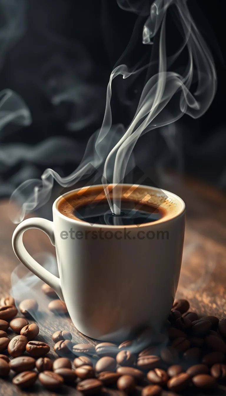 Picture of Hot Espresso in Black Cup on Dark Table