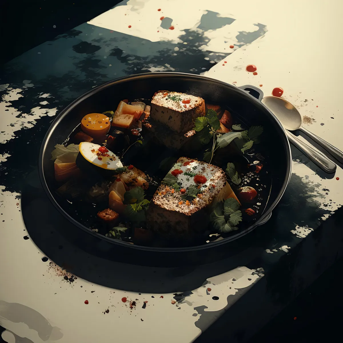 Picture of Delicious meal on plate with wok and clock
