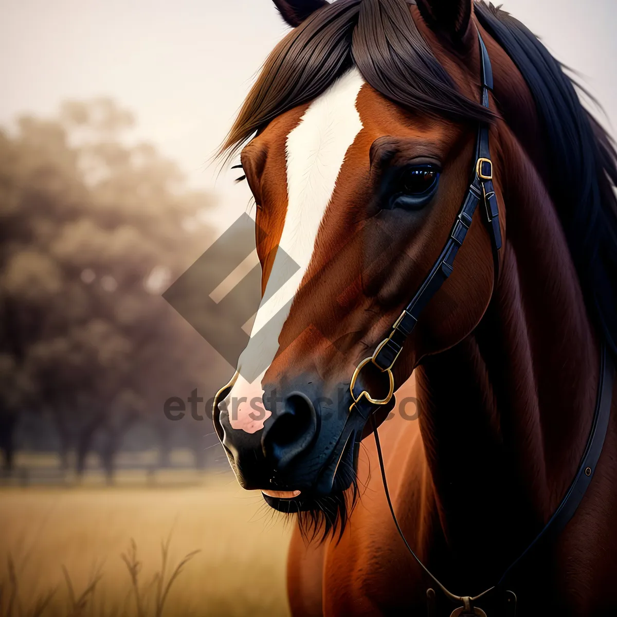 Picture of Thoroughbred horse portrait in lush green meadow