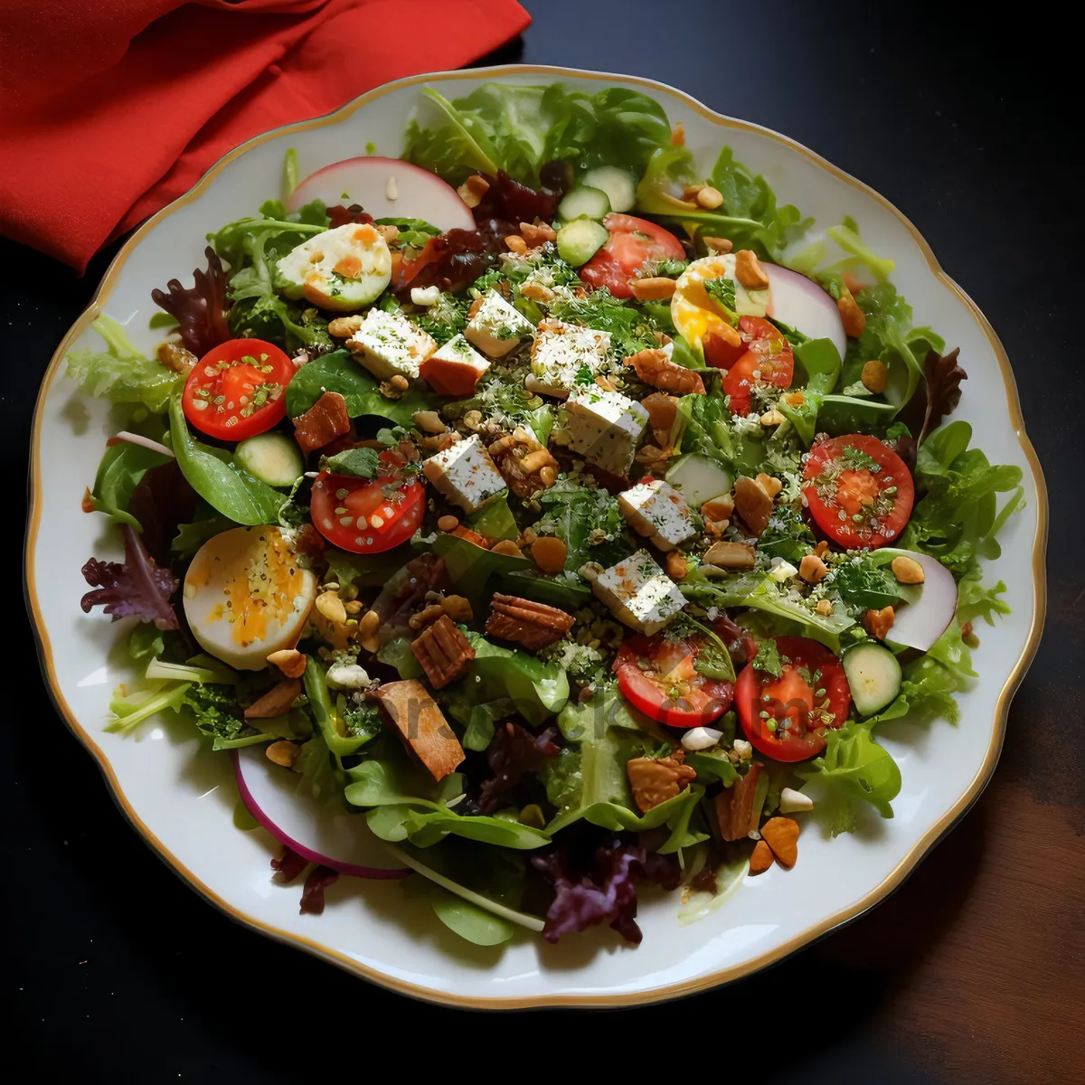 Picture of Healthy vegetable salad with fresh ingredients and spicy sauce.