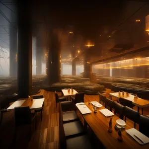 Modern Restaurant Interior with Wooden Furniture and Empty Chairs