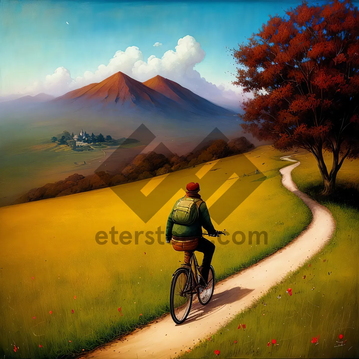 Picture of Cyclist Riding Mountain Bike on Scenic Alpine Terrain