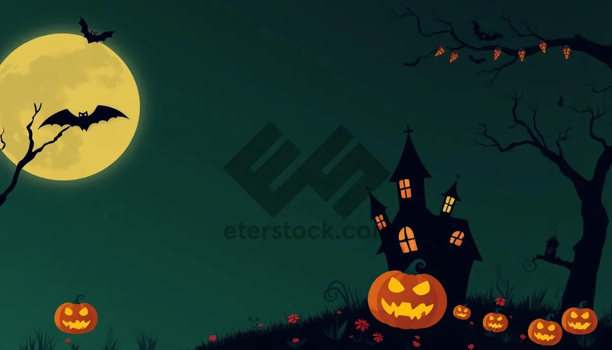 Picture of Spooky night silhouette in winter cemetery with pumpkins