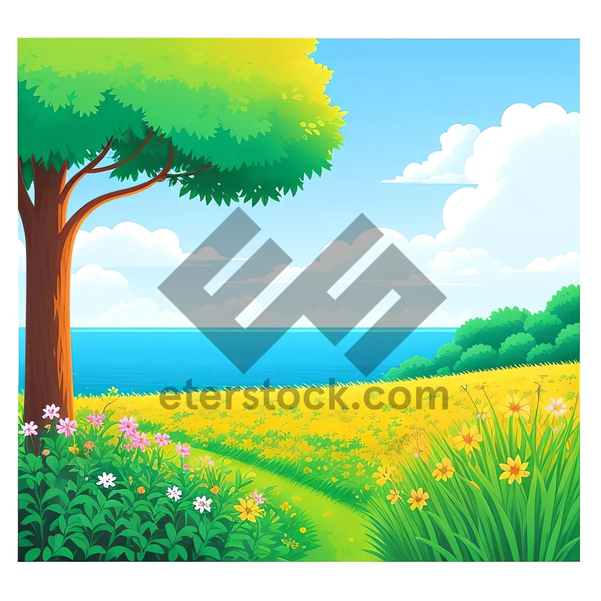 Picture of Vibrant Meadow Landscape Under Sunny Sky