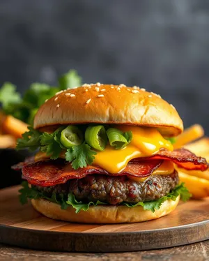 Grilled cheeseburger with fries and tomato salad