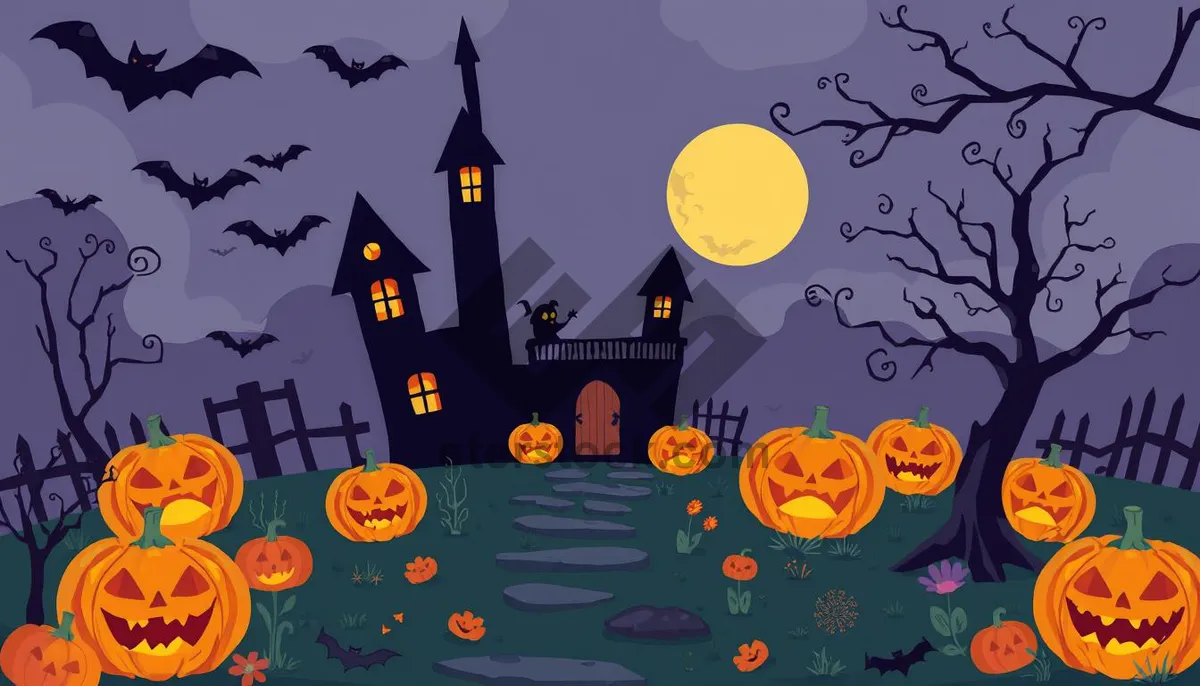 Picture of Silhouette of moonlit cemetery with pumpkin decorations