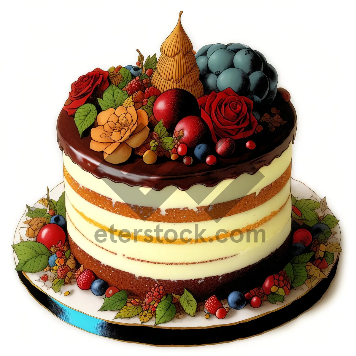 Picture of Delicious Strawberry Cake with Chocolate Ribbon and Cream