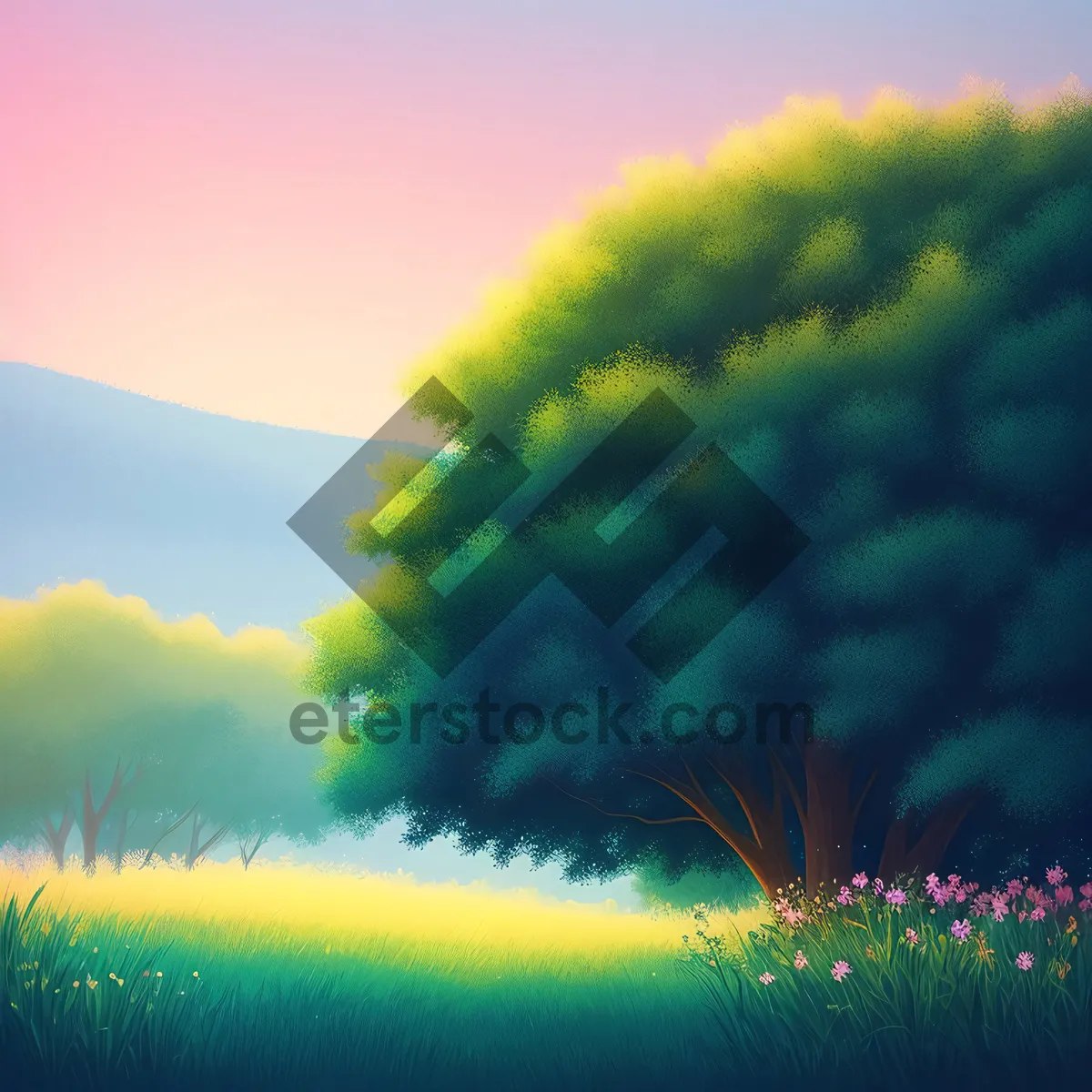 Picture of Sunlit Meadow with Dandelions and Clouds