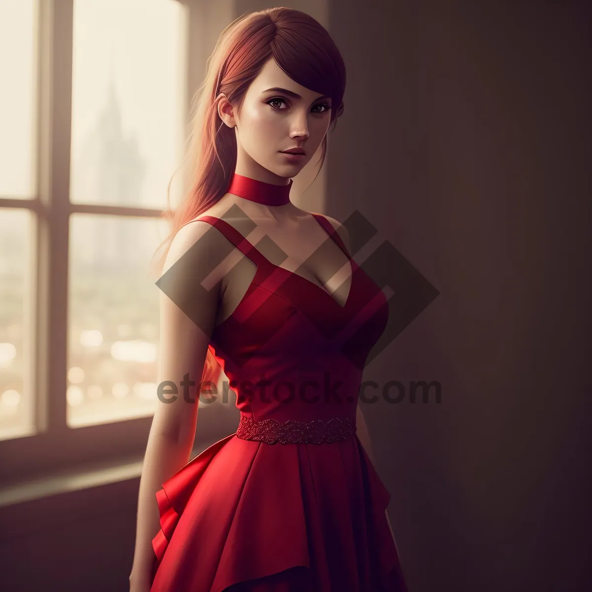 Picture of Sultry Sensations: Fashionable Brunette Poses in Elegant Dinner Dress