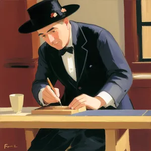 Happy businessman working at office desk with laptop.