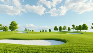 Sunny golf course landscape with player