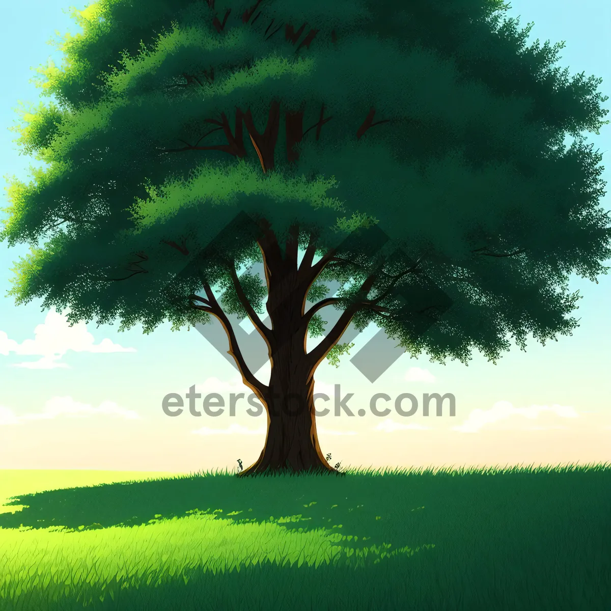 Picture of Serene Summer Sky: Oak Tree in Meadow