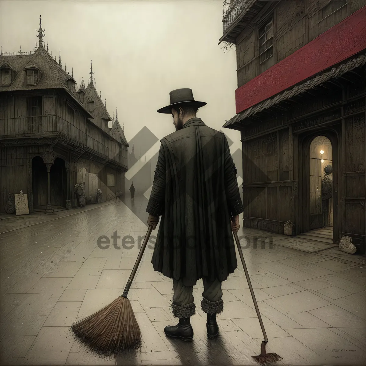 Picture of Man Cleaning with Broom and Swab