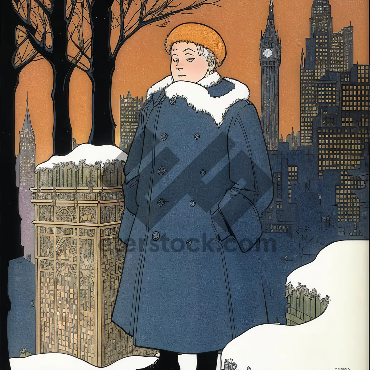 Picture of Metropolitan outerwear: Stylish gown in cityscape backdrop