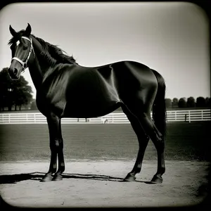 Majestic Brown Stallion Grazing in Field.