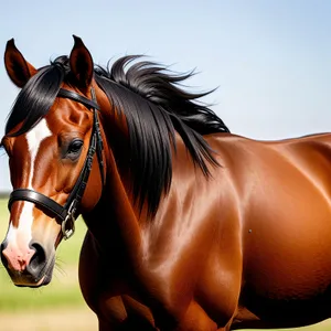 Beautiful Chestnut Stallion Grazing in Meadow