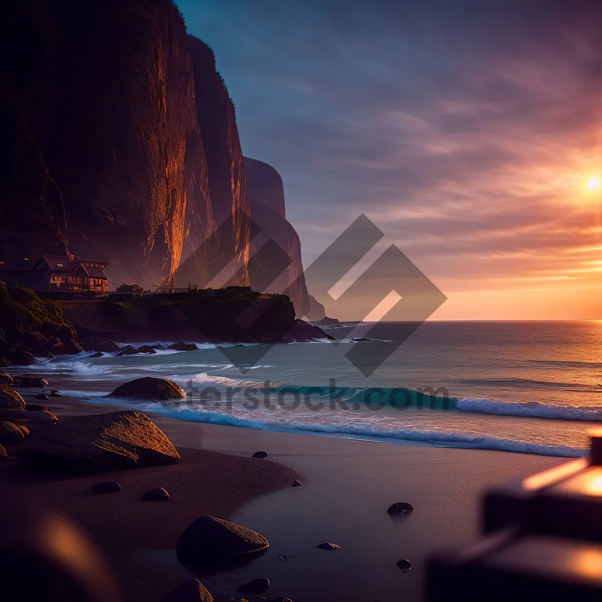 Picture of Paradise at Sunset: Tropical Coastline and Waves