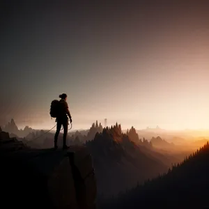 Sunset Trek: Silhouette of Man Hiking Mountain Ascent