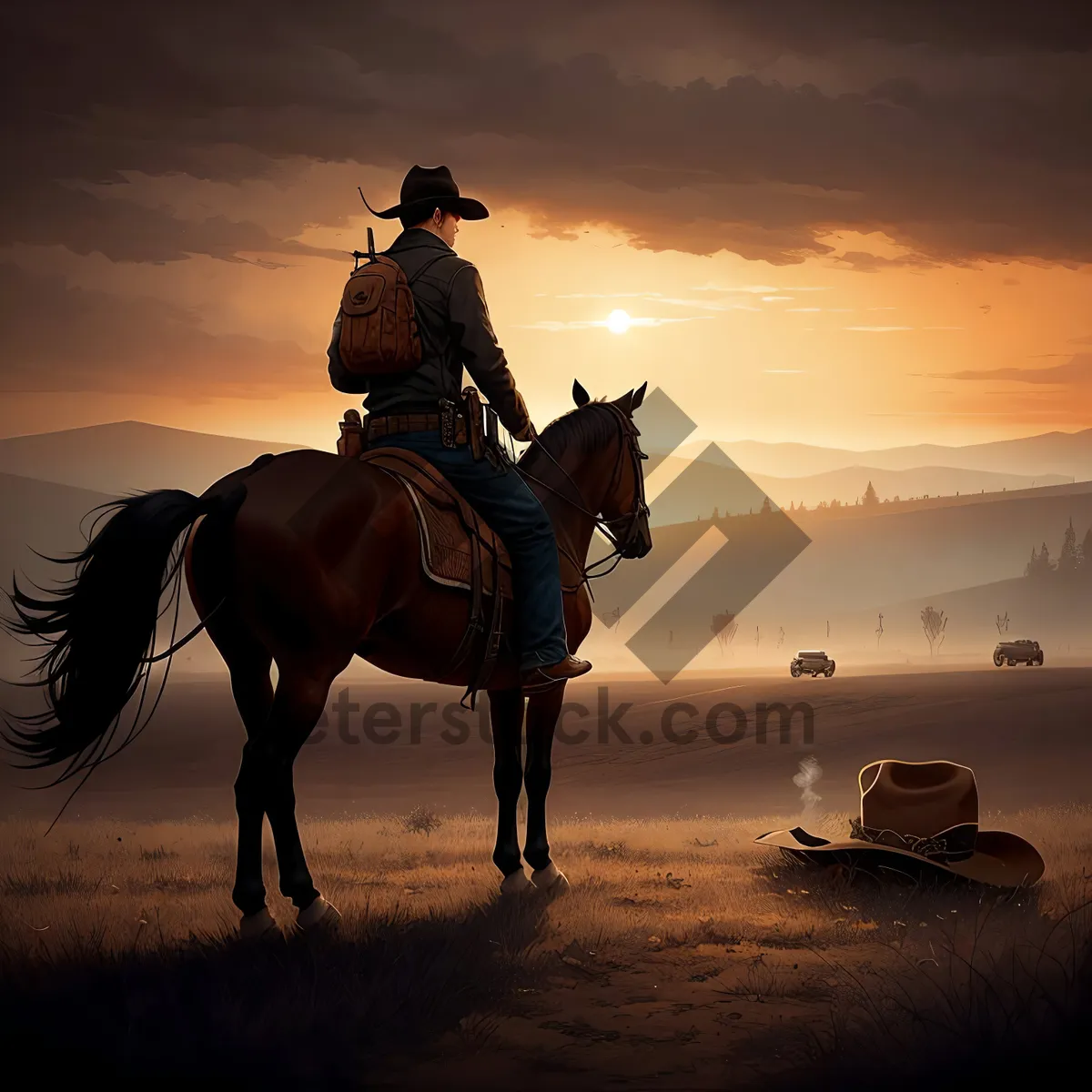 Picture of Brown Stallion Riding in Fields with a Cowboy