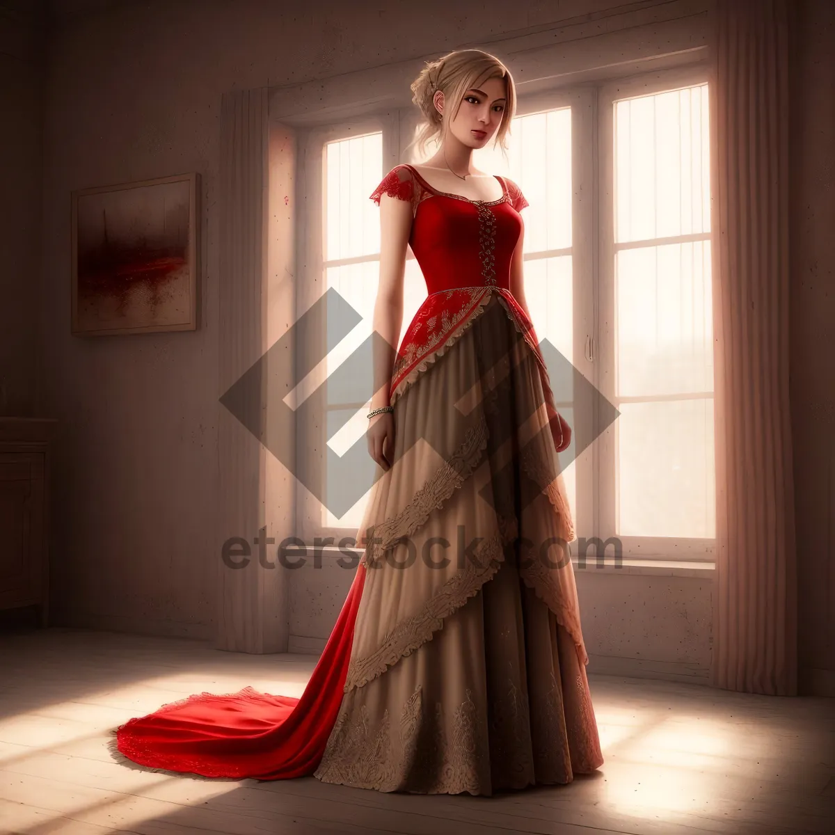 Picture of Elegant bride in satin wedding gown.