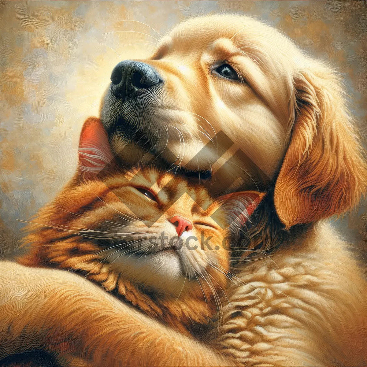 Picture of Golden Retriever With Ginger Cat