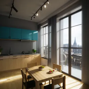 Modern luxury kitchen interior with wood furniture and lamp