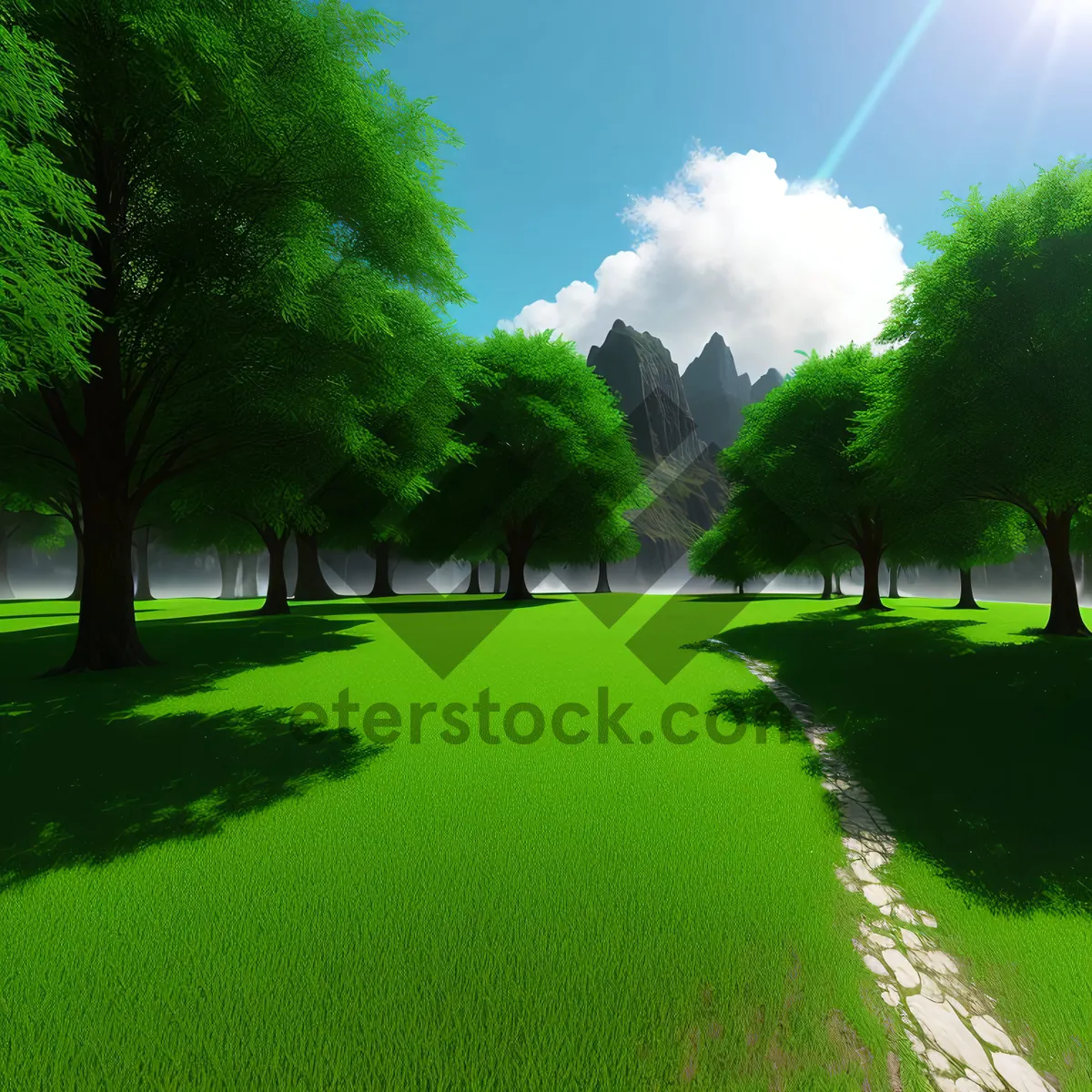 Picture of Tranquil Golf Course Amidst Lush Forest and River