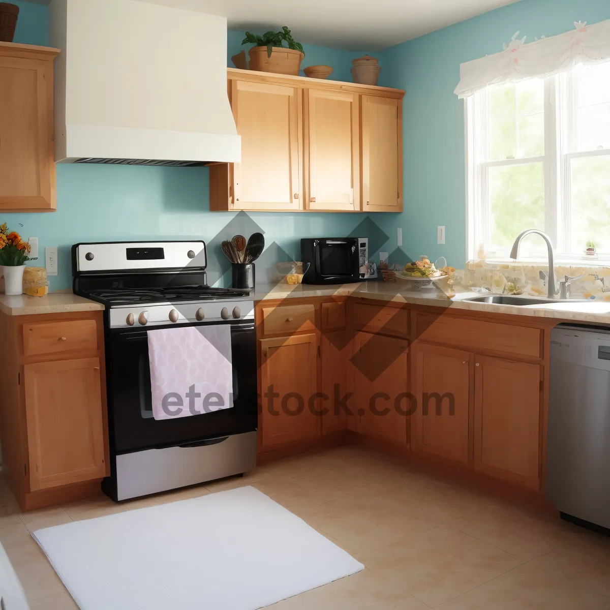 Picture of Modern Kitchen Interior with Stainless Steel Appliances and Wood accents.