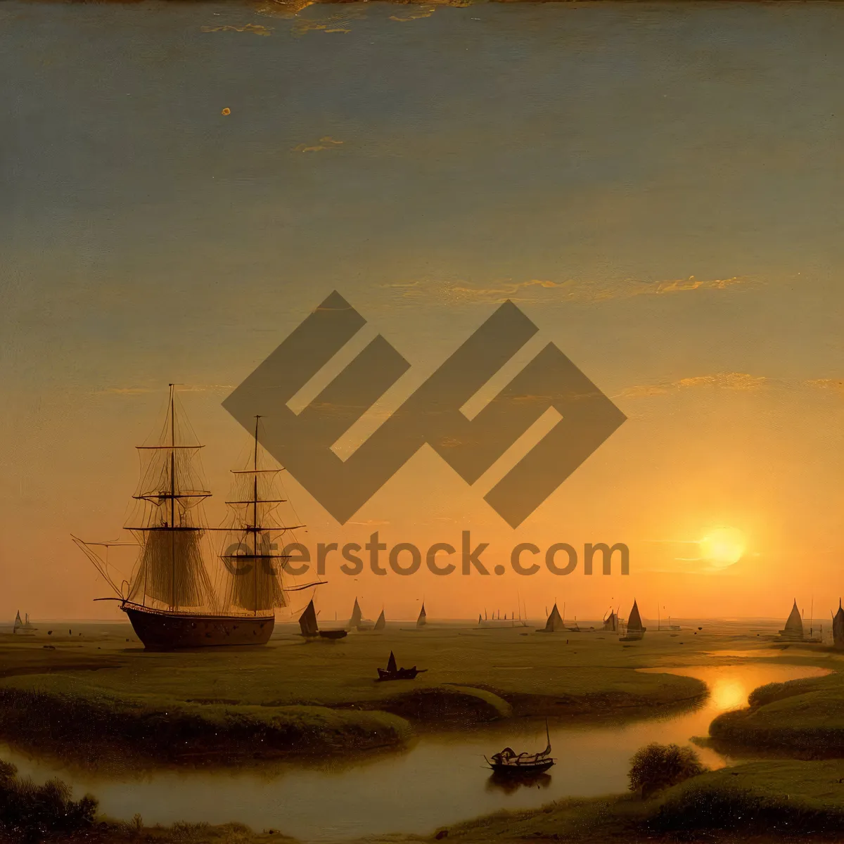 Picture of Sailing into the Golden Horizon: Pirate Ship at Sunset