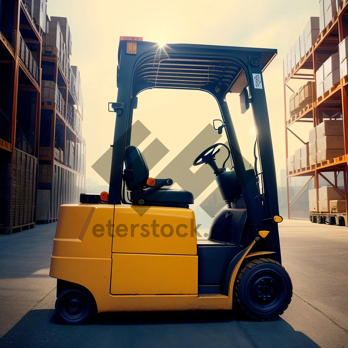 Picture of Heavy-duty forklift loading cargo in warehouse.