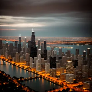 Urban Twilight: Nighttime City Skyline with Reflecting Skyscrapers